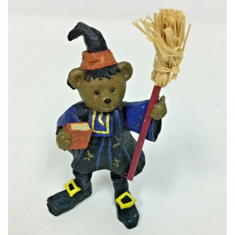 Halloween Teddy Bear Witch Resin Figure Figurine Broom Spells Book Decor 5"  B - Picture 2 of 5